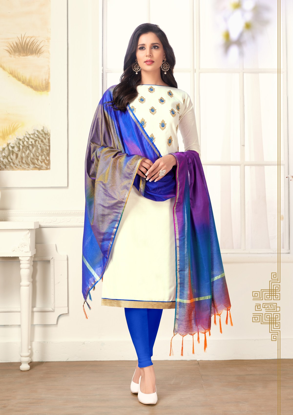 white dress with colorful dupatta