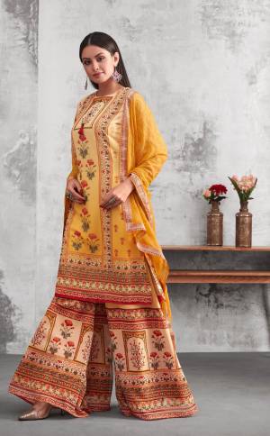 Celebrate This Festive Season With Beauty And Comfort Wearing This Designer Plazzo Suit In Yellow Color. Its Top And Bottom Are Georgette Based Paired With Chiffon Dupatta. Buy Now.