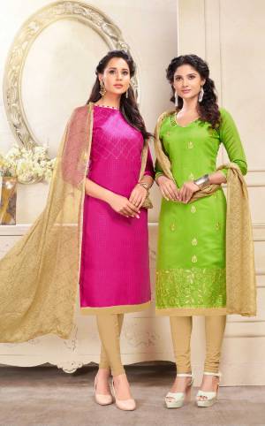 Get This Beautiful Pair Of Dress Material With Two Tops. Its Rani Pink Top Is Cotton Based and Light Green Is Chanderi. Paired With Beige Colored Cotton Bottom And Chiffon Dupatta. It Is Beautified With Resham Embroidery And Printed Dupatta. 