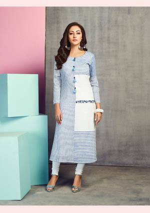 Get This Pretty Readymade Kurti In Blue And White Color Fabricated On Handloom Cotton. This Pretty Kurti Is Beautified With Prints And Thread Work. Also It Is Available In all Regular Sizes. 