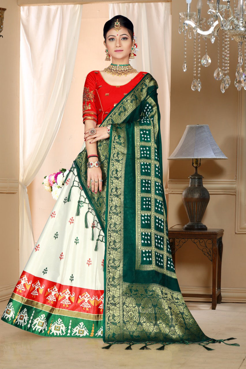 Buy White Lehenga In Silk With Red And Green Patola Printed Buttis And  Border Along With Bandhani Dupatta Online - Kalki Fashion