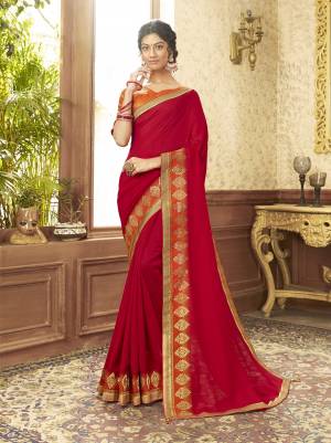 Beautiful Designer Red Chanderi Silk Saree with Brocade Blouse Piece