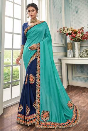 Beautiful Designer Blue Chanderi Silk Patch Work Saree with Blouse Piece