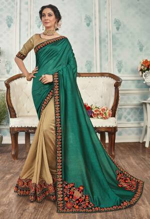 Beautiful Designer Beige Chanderi Silk Patch Work Saree with Blouse Piece
