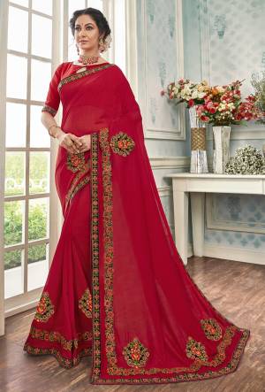 Beautiful Designer Red Chanderi Silk Patch Work Saree with Blouse Piece