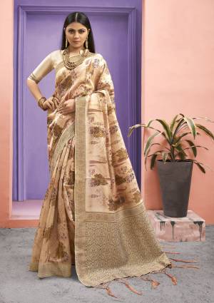 Exclusive Designer Beige Jacquard Silk Digital Printed Saree with Blouse Piece