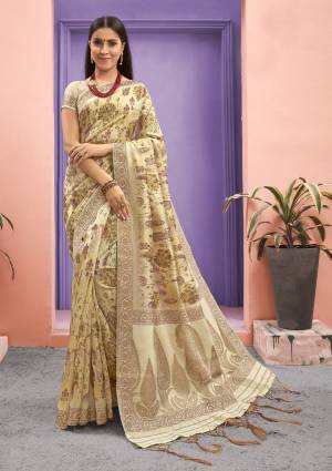 Exclusive Designer Cream Jacquard Silk Digital Printed Saree with Blouse Piece