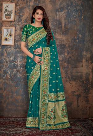 Beautiful Designer Teal Green Banarasi Silk Weaving Jacquard Saree with Blouse Piece