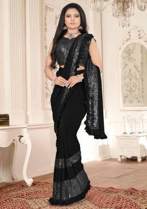 Fancy & Stylish Designer Black Imported Lycra Readymade Saree with Blouse Piece