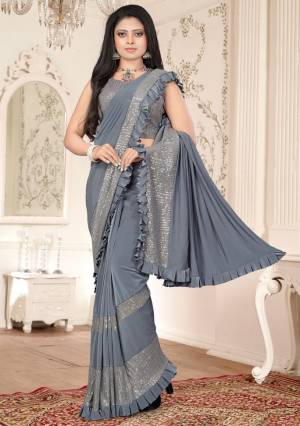 Fancy & Stylish Designer Grey Imported Lycra Readymade Saree with Blouse Piece