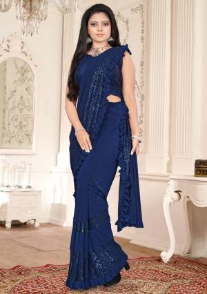 Fancy & Stylish Designer Blue Imported Lycra Readymade Saree with Blouse Piece