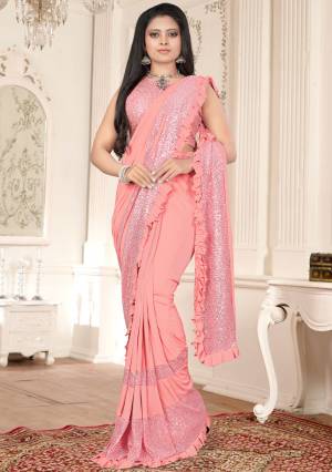 Fancy & Stylish Designer Pink Imported Lycra Readymade Saree with Blouse Piece