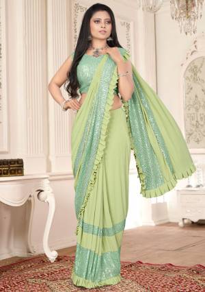 Fancy & Stylish Designer Pista Green Imported Lycra Readymade Saree with Blouse Piece