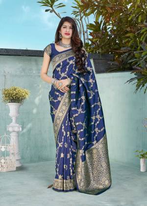 Best and latest navy blue banarasi silk weaving jacquard saree with blouse