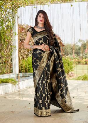 Best and latest black banarasi silk weaving jacquard saree with blouse