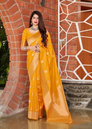 Best and latest yellow banarasi silk weaving jacquard saree with blouse