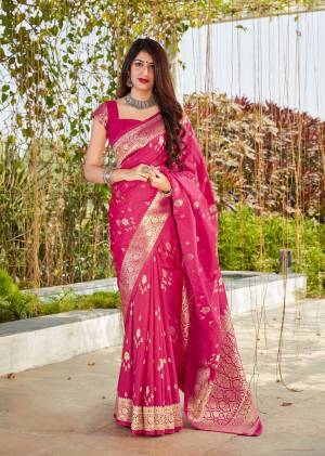 Best and latest pink banarasi silk weaving jacquard saree with blouse