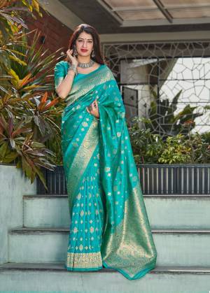 Best and latest sea green banarasi silk weaving jacquard saree with blouse