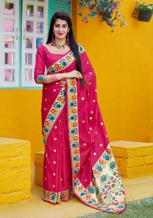 Exclusive designer rani pink banarasi silk weaving jacquard saree with blouse