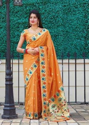 Exclusive designer golden yellow banarasi silk weaving jacquard saree with blouse