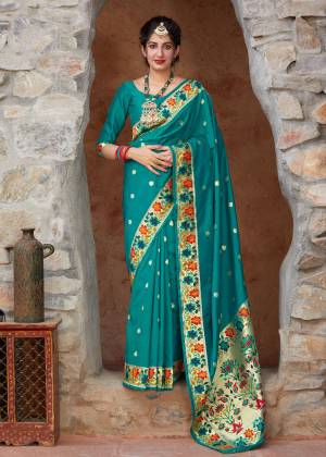 Exclusive designer teal blue banarasi silk weaving jacquard saree with blouse