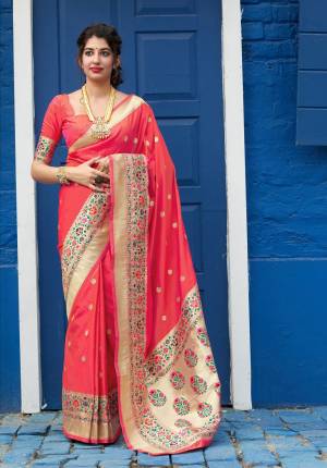 Exclusive designer coral banarasi silk weaving jacquard saree with blouse