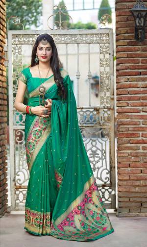 Exclusive designer ocean green banarasi silk weaving jacquard saree with blouse