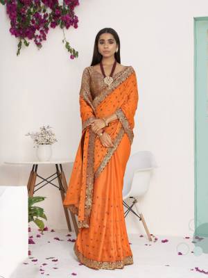 Exclusive Orange Dola Silk Weaving with Lace work Saree with Blouse
