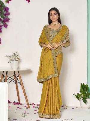Exclusive Mustard Dola Silk Weaving with Lace work Saree with Blouse