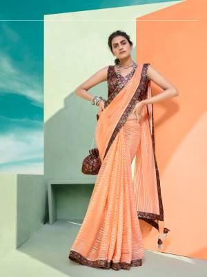Beautiful Designer Peach Chiffon Weaving & Lace work Saree with Blouse