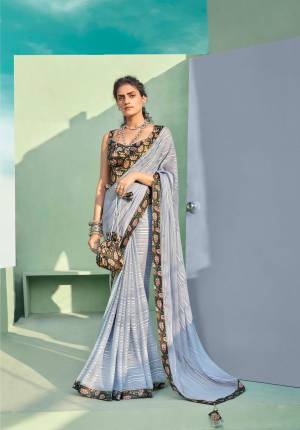 Beautiful Designer Grey Chiffon Weaving & Lace work Saree with Blouse