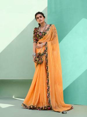 Beautiful Designer Orange Chiffon Weaving & Lace work Saree with Blouse
