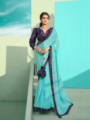 Beautiful Designer Sky Blue Chiffon Weaving & Lace work Saree with Blouse