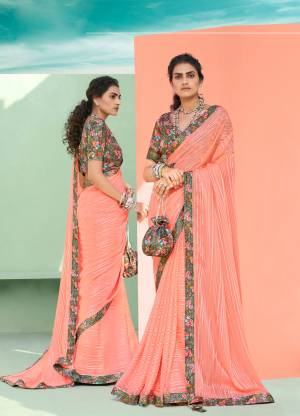 Beautiful Designer Pink Chiffon Weaving & Lace work Saree with Blouse