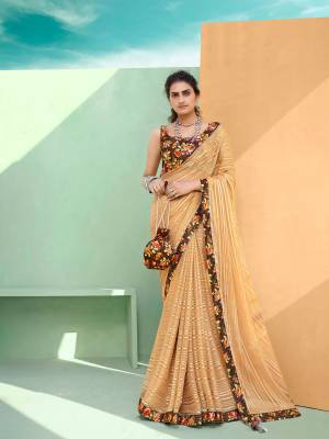 Beautiful Designer Beige Chiffon Weaving & Lace work Saree with Blouse
