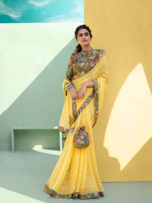 Beautiful Designer Yellow Chiffon Weaving & Lace work Saree with Blouse