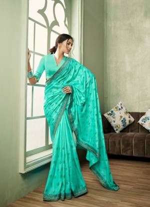 Latest Sea Green Dola Silk Thread Embroidery with Lace Work Saree