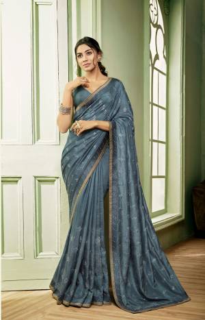 Latest Grey Dola Silk Thread Embroidery with Lace Work Saree