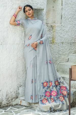 Latest Designer Pure Linen Resham Woven Butti Work Saree with Blouse