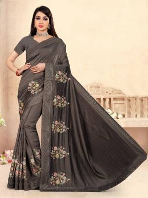 Beautiful Designer Floral Embroidery With Lace Work Vichitra Silk Saree with Blouse