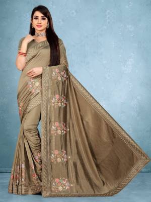 Beautiful Designer Floral Embroidery With Lace Work Vichitra Silk Saree with Blouse