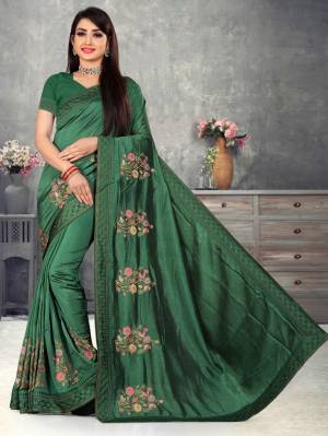 Beautiful Designer Floral Embroidery With Lace Work Vichitra Silk Saree with Blouse