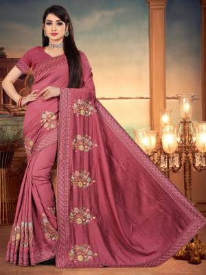 Beautiful Designer Floral Embroidery With Lace Work Vichitra Silk Saree with Blouse