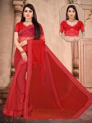 Beautiful Designer Embroidery With Lace Work Net Saree with Blouse