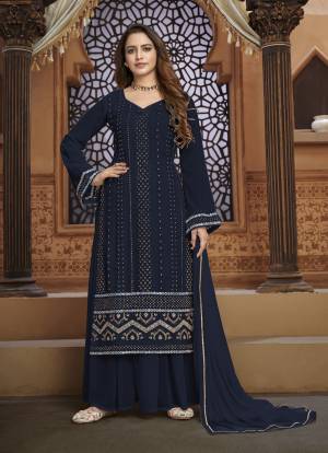 Blue Faux Georgette Embroidery Work Semi Stitched Shararasuit For Woman
