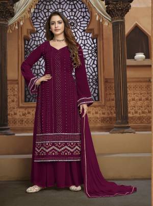 Coffee Faux Georgette Embroidery Work Semi Stitched Shararasuit For Woman