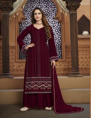 Maroon Faux Georgette Embroidery Work Semi Stitched Shararasuit For Woman