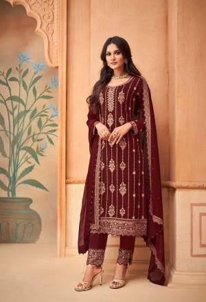 Maroon Faux Georgette pant type suit Style Salwar kameez The Lace,Embroidery Work with shantoon Inner with sleeves Heavy Faux Georgette with Embroidery Work Personifies The Entire Appearance. Comes with Matching Pant with embroidery work And Dupatta.