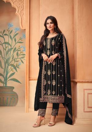 Black Faux Georgette pant type suit Style Salwar kameez The Lace,Embroidery Work with shantoon Inner with sleeves Heavy Faux Georgette with Embroidery Work Personifies The Entire Appearance. Comes with Matching Pant with embroidery work And Dupatta.