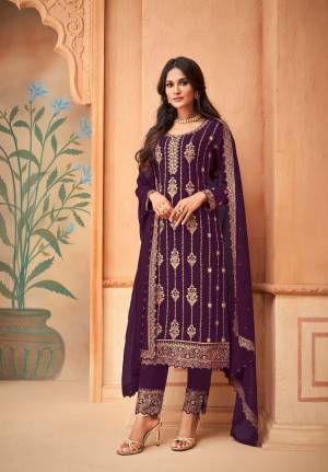 Purple Faux Georgette pant type suit Style Salwar kameez The Lace,Embroidery Work with shantoon Inner with sleeves Heavy Faux Georgette with Embroidery Work Personifies The Entire Appearance. Comes with Matching Pant with embroidery work And Dupatta.